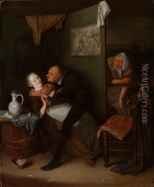Sold By The J. Paul Getty Museum To Benefit Future Painting Acquisitions
 

 
 
 

 
 An Unequal Couple In An Inn, With An Old Woman Looking Around The Corner Oil Painting - Hendrik De Valk