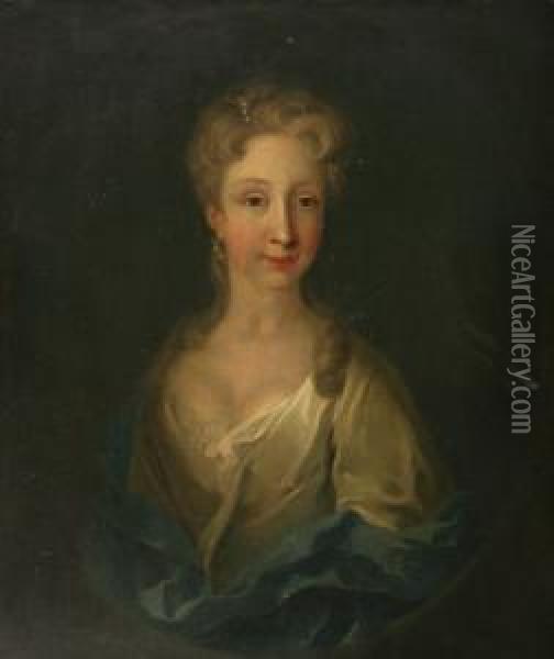 Wearing Pearls In Her Hair Dressed In Awhite Satin Dress With Blue Shawl Oil Painting - Charles Jervas