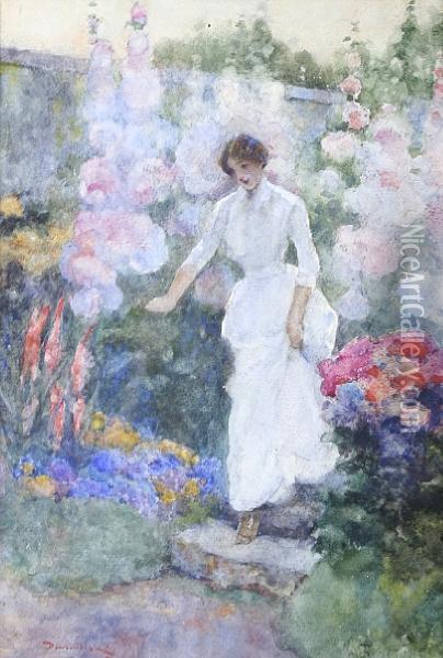 Maid In A Flower Garden Oil Painting - David Woodlock