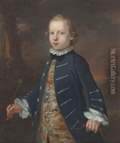 Portrait of a boy, three-quarter-length, traditionally identified as 'Master Best', in a blue coat and floral waistcoat, holding a bow and arrow Oil Painting - John Simmons