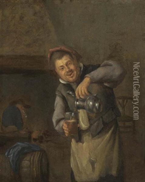 Stehender Mann Mit Glas Und Kanne. Oil Painting - Jan Steen