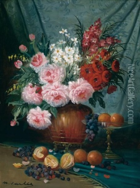 Still Life With Vase Of Flowers And Fruit On A Table Oil Painting - Max Carlier