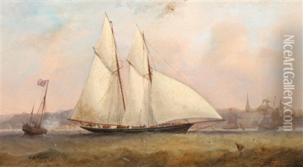 A Two-masted Racing Schooner At The Starting Gun Off Ryde; A Racing Ketch And Other Yachts Off Norris Castle, East Cowles, Isle Of Wight (2 Works) Oil Painting - Arthur Wellington Fowles