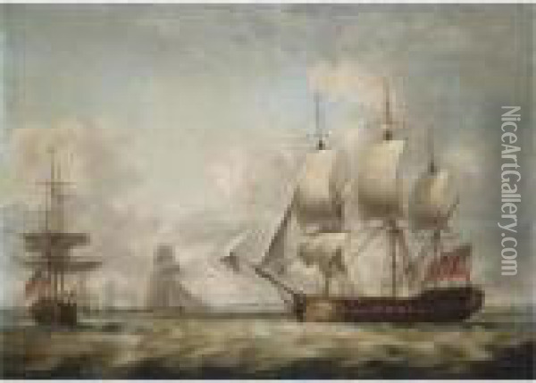 A 32-gun Frigate Taking In Sail And Other Shipping Off The Coast Oil Painting - Thomas Luny