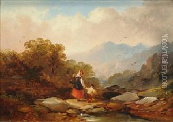A Lady And Child Past A Lake Oil Painting - Joseph Horlor