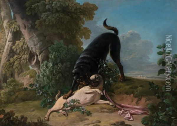Two Pugs At Play Oil Painting - Jean-Jacques Bachelier