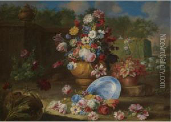 A Garden Landscape With Carnations, Roses, Tulips And Other Flowers In Vases, An Urn To The Left Oil Painting - Giacomo Nani