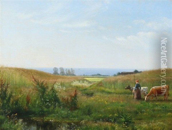Summer Landscape With A Farm Girl Looking After Her Cows Oil Painting - Vilhelm Peter Karl Kyhn