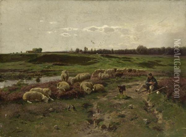 Sitzender Schafer Mit Seiner Herde. Oil Painting - Otto Struttzel