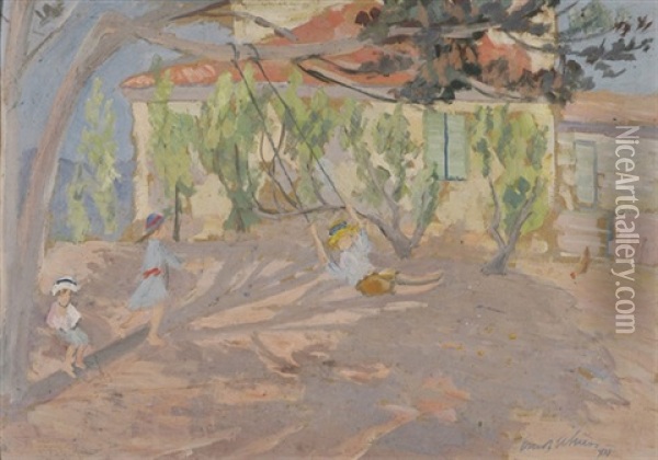 Im Garten Spielende Kinder (+  Kustenlandschaft, Verso) Oil Painting - Ernst Traugott Schiess