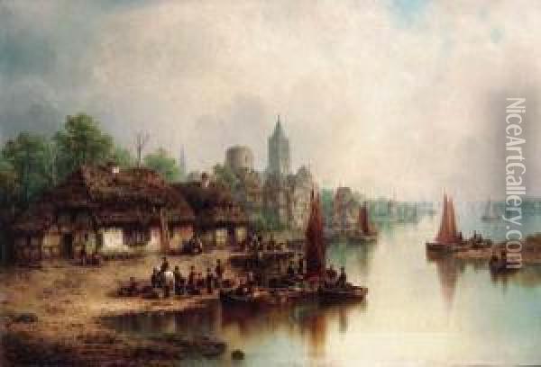 A Bustling Harbour Town Oil Painting - Ludwig Herrmann