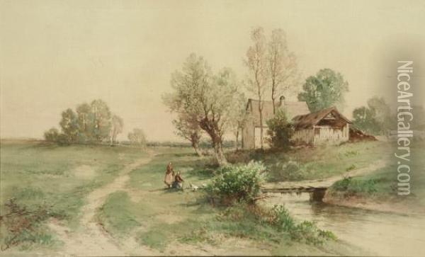 Landscape With Cottage And Figures Beside A Stream Oil Painting - Carl Weber