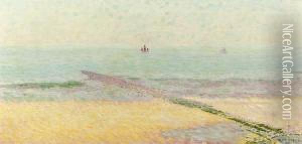 A Sunny Day - Beach Scene With Breakwater Oil Painting - Ferdinand Hart Nibbrig