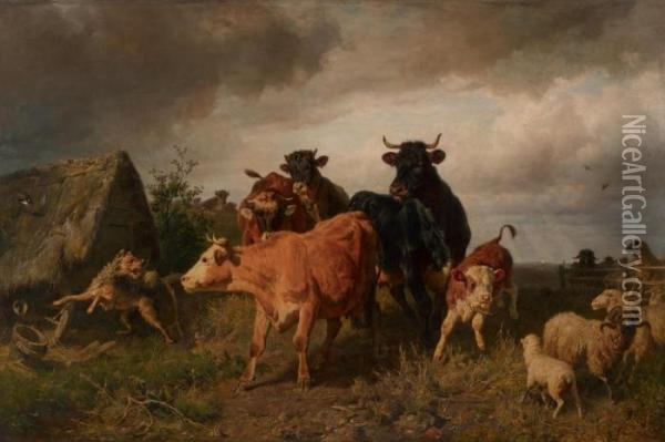 Rinder Und Schafe Auf Der Wiese Oil Painting - Anton Braith