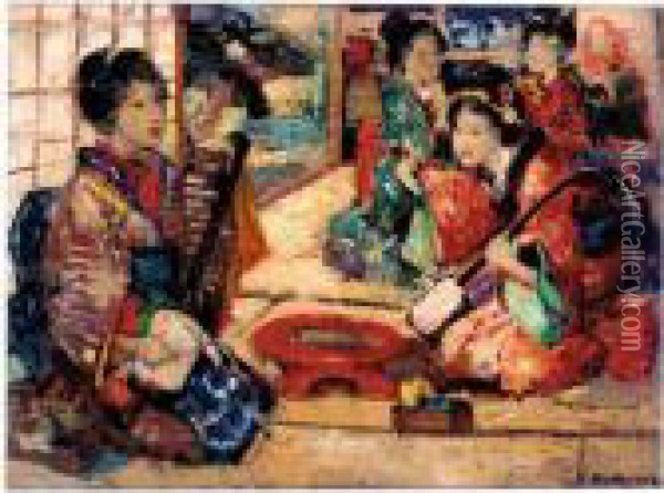 The Samisen Players Oil Painting - Edward Atkinson Hornel