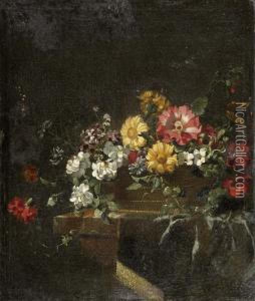 Blumenbouquet In Einem Flechtkorb Auf Einer Tischplatte. Oil Painting - Jean Picart