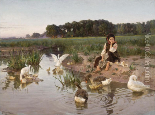 Ukrainian Girl Tending Geese Oil Painting - Nikolai Kornilievich Bodarewsky