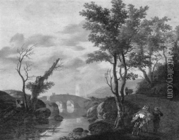 A Traveller And His Horse On A Path By A River In An        Italianate Landscape Oil Painting - Jan Asselijn