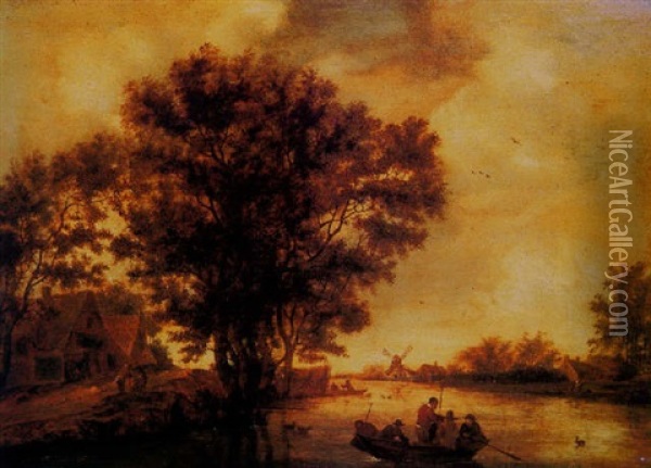A River Landscape With A Windmill And Figures In A Boat In The Foreground Oil Painting - Salomon van Ruysdael