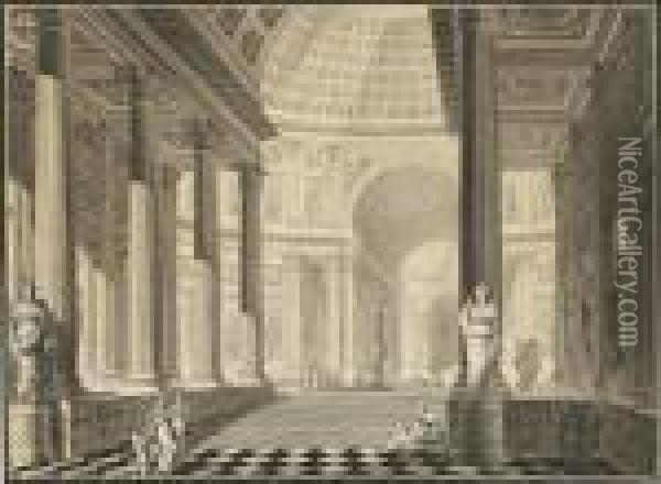 An Architectural Capriccio With Vaulted Ceilings Oil Painting - Jules Etienne Thierry