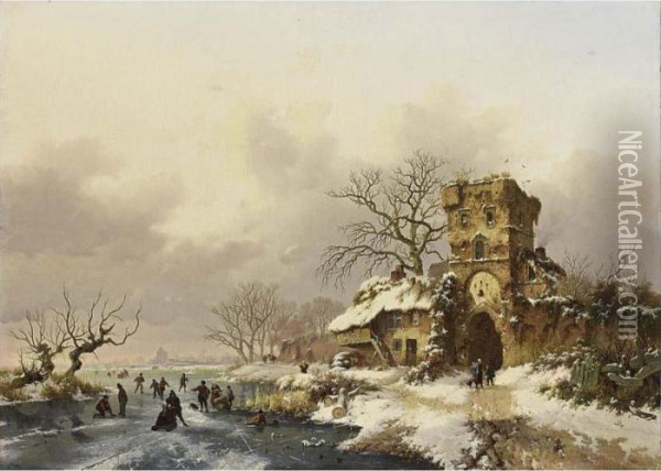 A Winter Landscape With Skaters Near A City Gate Oil Painting - Frederik Marianus Kruseman
