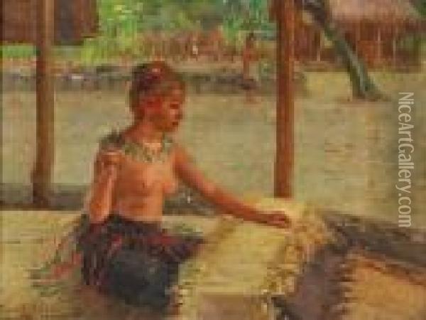 A Mat Weaver In Samoa Oil Painting - Theodore Wores