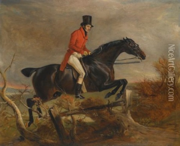 Portrait Of Sir Henry Goodricke, 7th Baronet, Clearing A Fence On His Grey Hunter Oil Painting - John E. Ferneley