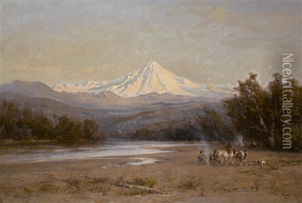 Indians With Mount Shasta In The Distance Oil Painting - Thomas Hill