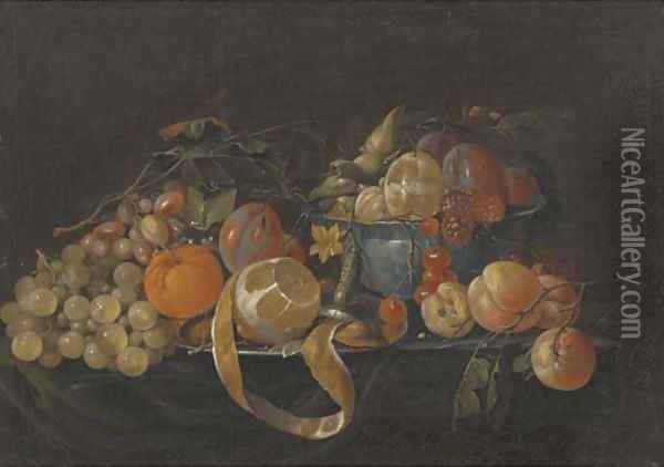 A partly-peeled lemon on a pewter plate Oil Painting - Cornelis De Heem