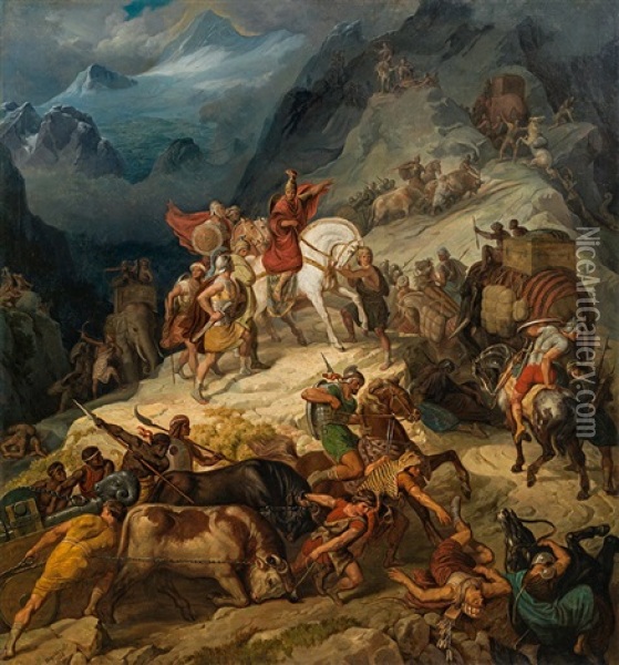 Hannibal's Crossing Of The Alps Oil Painting - August Woerndle von Adelsfried