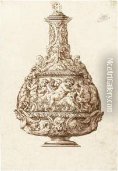 Design For A Flask With The Drunken Bacchus Riding A Panther Withsatyrs And Putti Oil Painting - Jacopo Strada