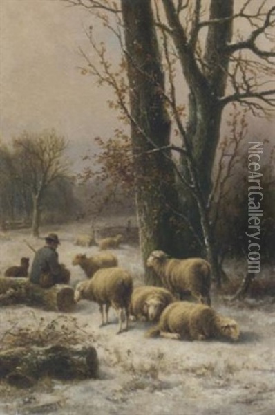 A Shepherd And His Flock In A Snowy Field Oil Painting - Alexis de Leeuw