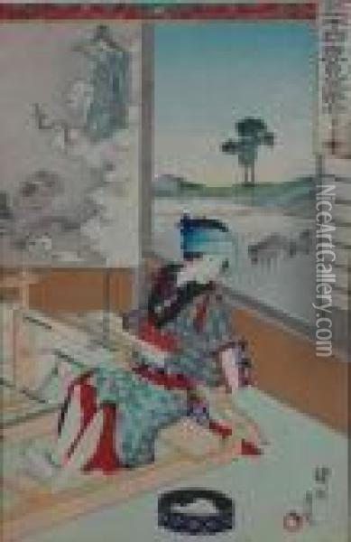 Geisha And Three Men Conversing Oil Painting - Yoshu Toyoharu Chikanobu /
