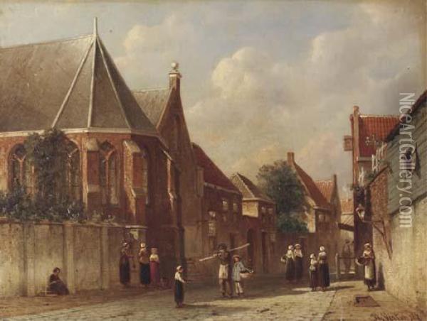Figures By A Church In A Dutch Village Oil Painting - Pieter Gerard Vertin