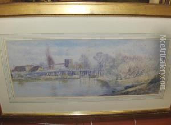 River Landscape With Bridge And Distant Church Oil Painting - Claude Hamilton Rowbotham