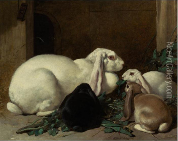 A Lop Eared Doe With Her Litter Oil Painting - John Frederick Herring Snr