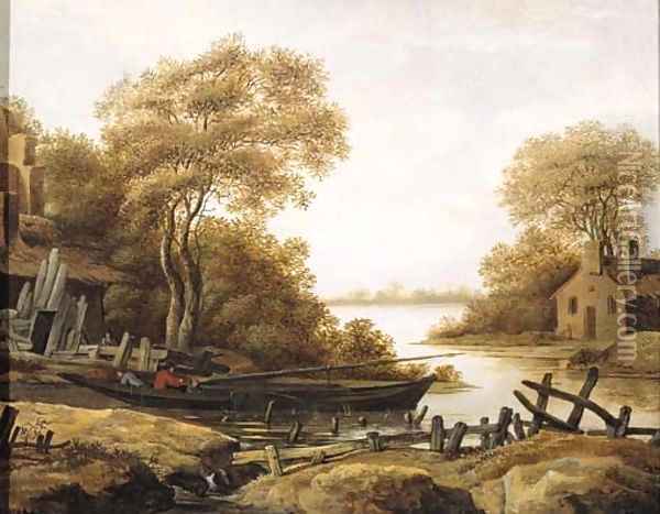 Fishermen in a pink moored by a river bank, in summer Oil Painting - Abraham Van Westerveldt