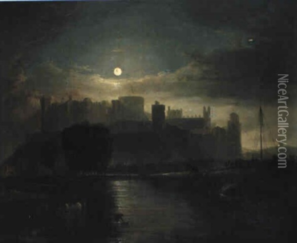A View Of Windsor Castle, From The River Thames: Moonlight Oil Painting - Sebastian Pether