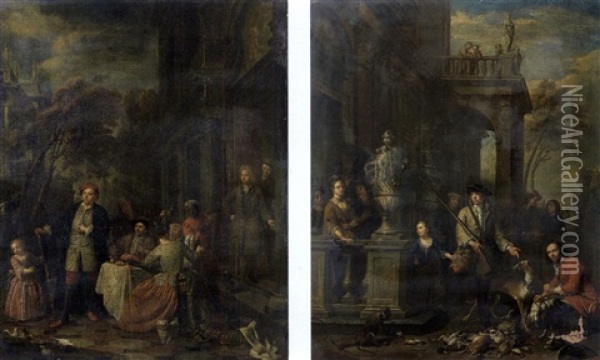 Le Repas Devant Le Chateau(+ La Presentation Des Trophees De Chasse, Pair) Oil Painting - Jan Josef Horemans the Elder