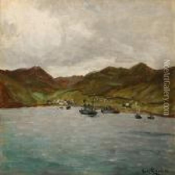 Coastal Scene With Ships In A Bay Oil Painting - Carl Locher