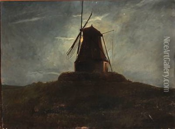 Late Evening With A View To A Mill In Moonlight Oil Painting - Carl Christian Ferdinand Wentorf