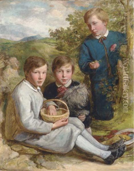 Portrait Of The Baxter Brothers Of Bedford, Full-length, Gatheringchestnuts With Their Dog Oil Painting - Edward Opie