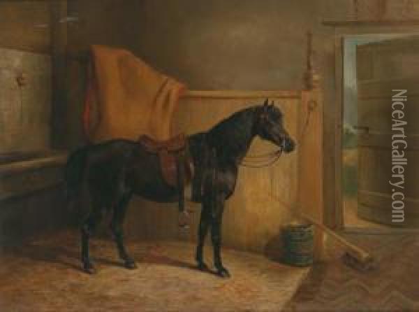 A Saddled Black Horse In The Stable Oil Painting - Arthur James Stark