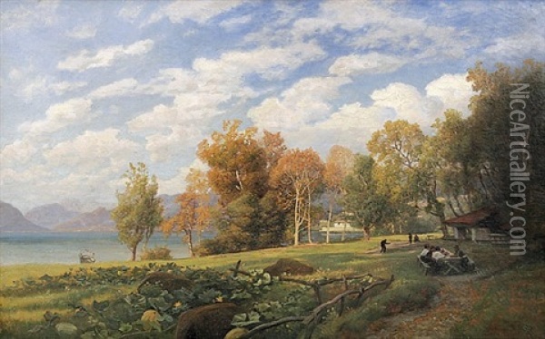 Blick Auf Den Luganer See, Rechts Ein Kleines Dorf Oil Painting - Johann Valentin Ruths