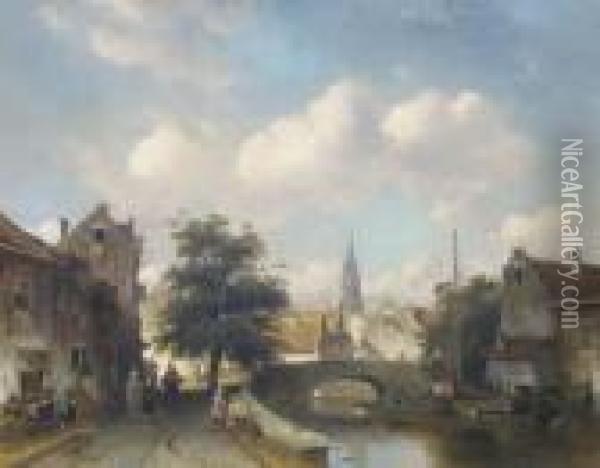 A Canal In A Sunlit Dutch Town Oil Painting - Charles Henri Leickert