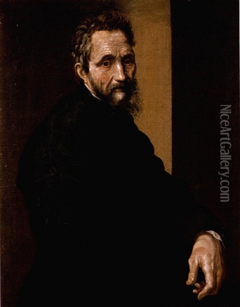 Portrait Of Michelangelo Buonarroti Wearing Black Oil Painting - Jacopo del Conte