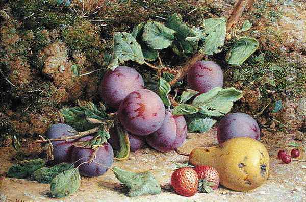 Plums Strawberries and a Pear on a Mossy Bank Oil Painting - William B. Hough