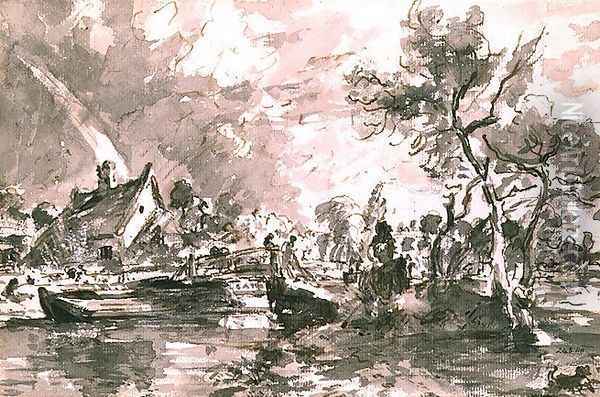Flatford Old Mill Cottage on the Stour, pen and wash Oil Painting - John Constable