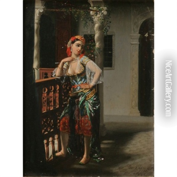 Algerian Woman On Balcony Oil Painting - Emmanuel Joseph Lauret
