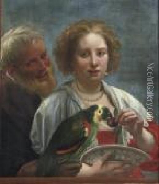 A Bearded Man And A Woman Feeding Cherries To A Parrot Oil Painting - Jacob Jordaens